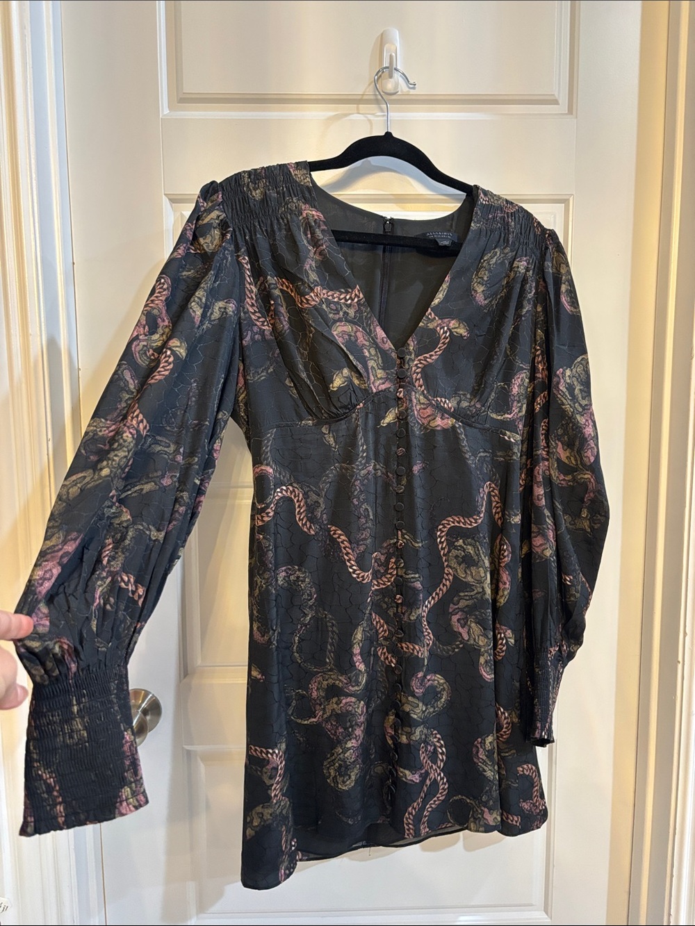 All Saints Black Snake-Print V-Neck Long Sleeve Mini Dress with size 8